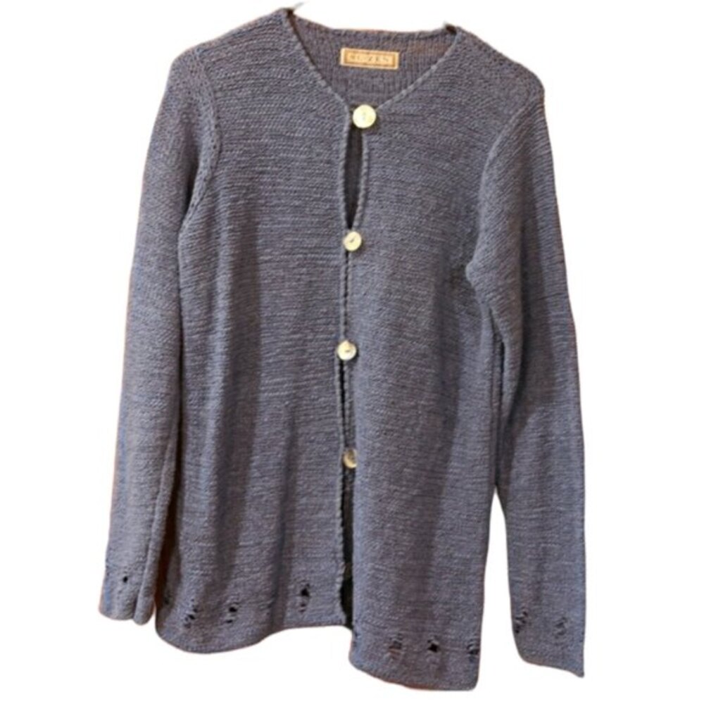 Su-Zen Vintage Chunky Knit Blue Cardigan Sweater Mother-of-Pearl Buttons Large